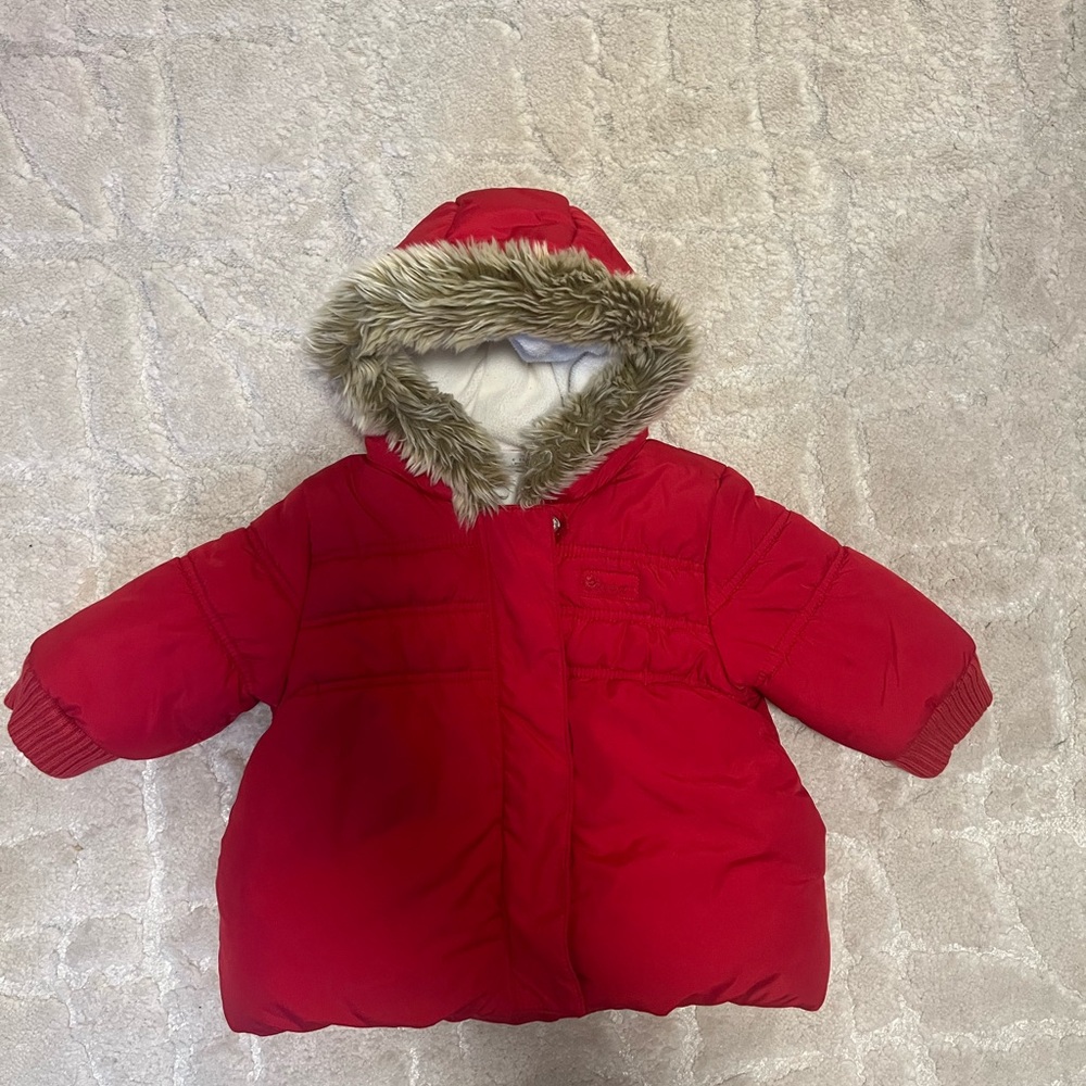 Red Hooded Winter Coat with Faux Fur Trim